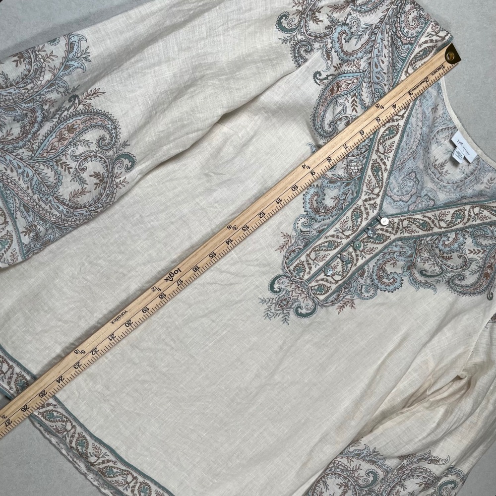 J. Jill Paisley Linen Tunic Womens 1X Cream Blue Boho 3/4 Bell Sleeve Top - Picture 8 of 8